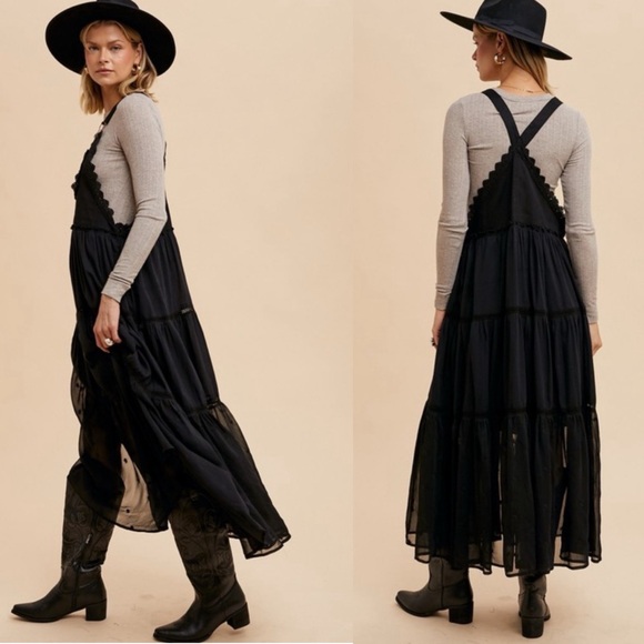 Dresses & Skirts - 32. LaST 1! Black embroidered dress with lace skirtall tier maxi dress